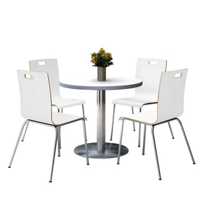 Pedestal Table with Four White Jive Series Chairs, Round, 36" Dia x 29h, Crisp Linen, Ships in 4-6 Business Days