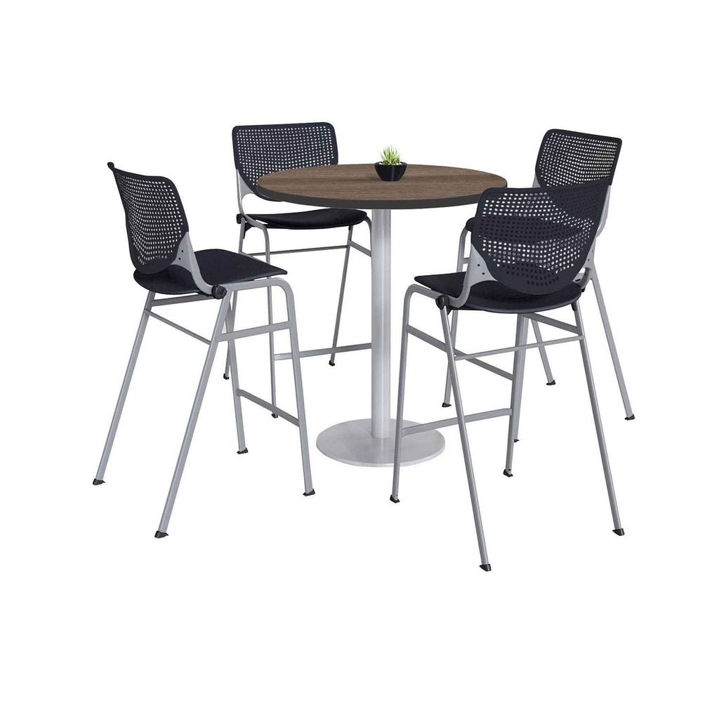 Pedestal Bistro Table with Four Black Kool Series Barstools, Round, 36" Dia x 41h, Studio Teak, Ships in 4-6 Business Days