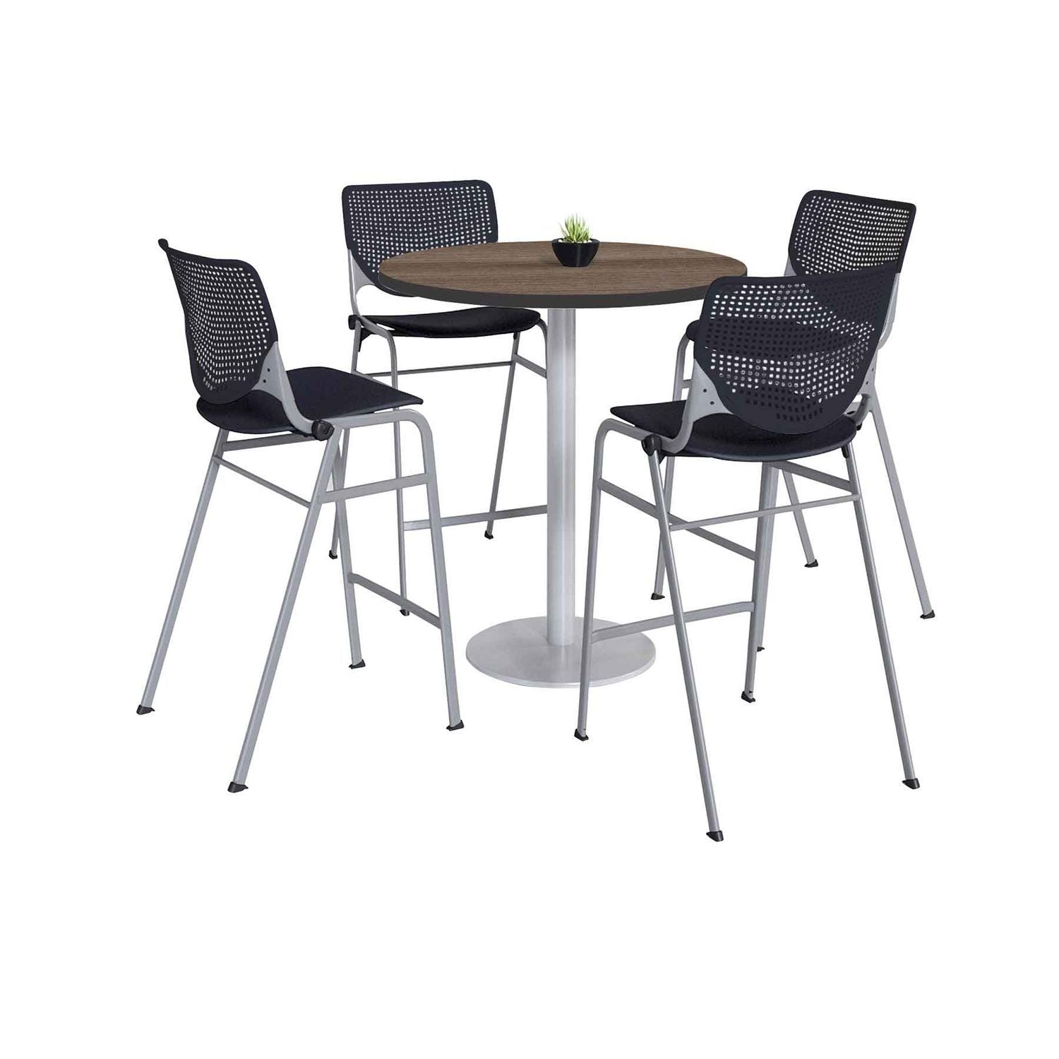 Pedestal Bistro Table with Four Black Kool Series Barstools, Round, 36" Dia x 41h, Studio Teak, Ships in 4-6 Business Days