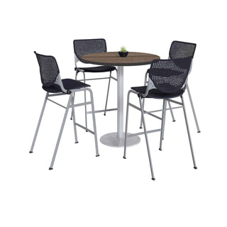 Pedestal Bistro Table with Four Black Kool Series Barstools, Round, 36" Dia x 41h, Studio Teak, Ships in 4-6 Business Days