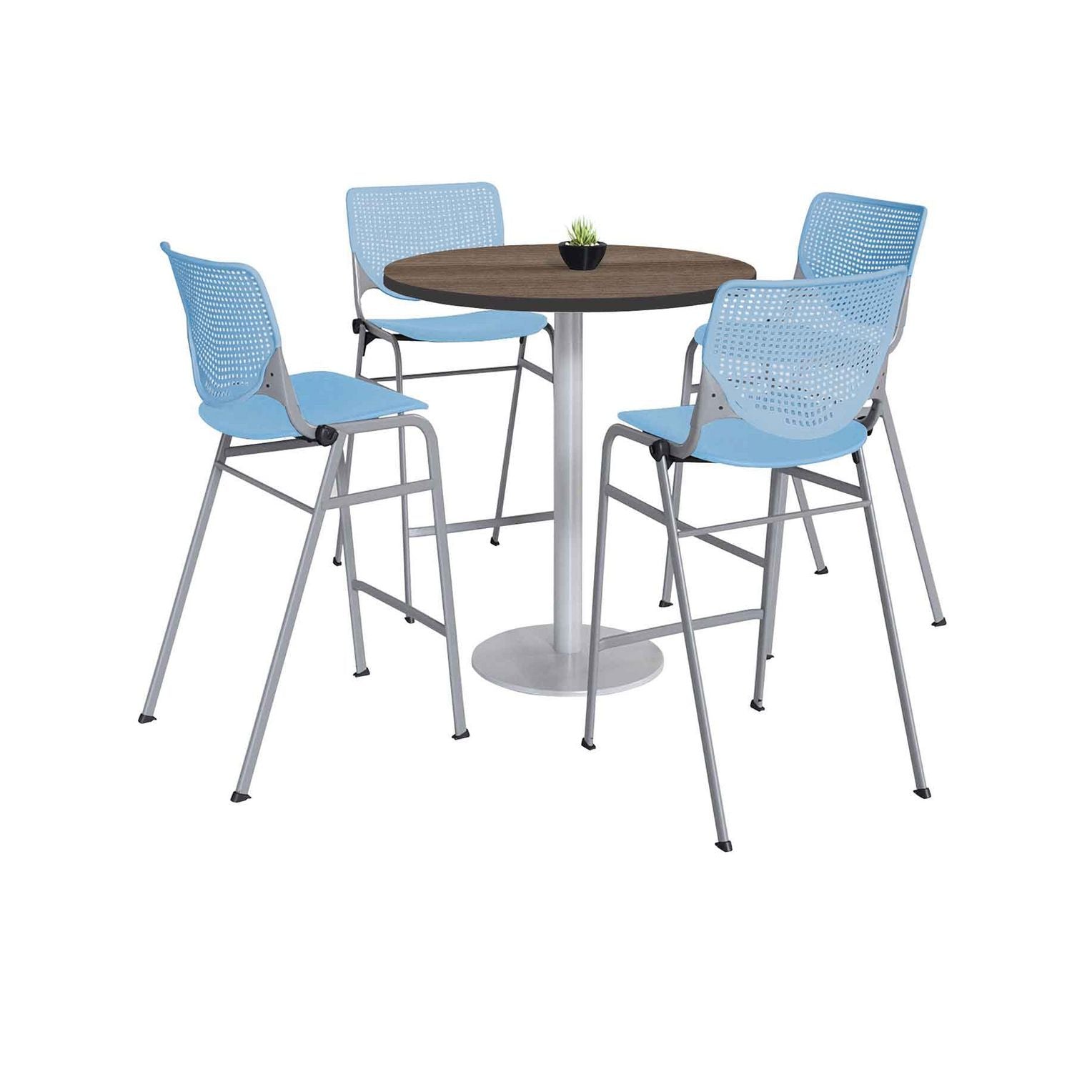 Pedestal Bistro Table with Four Sky Blue Kool Series Barstools, Round, 36" Dia x 41h, Studio Teak, Ships in 4-6 Business Days