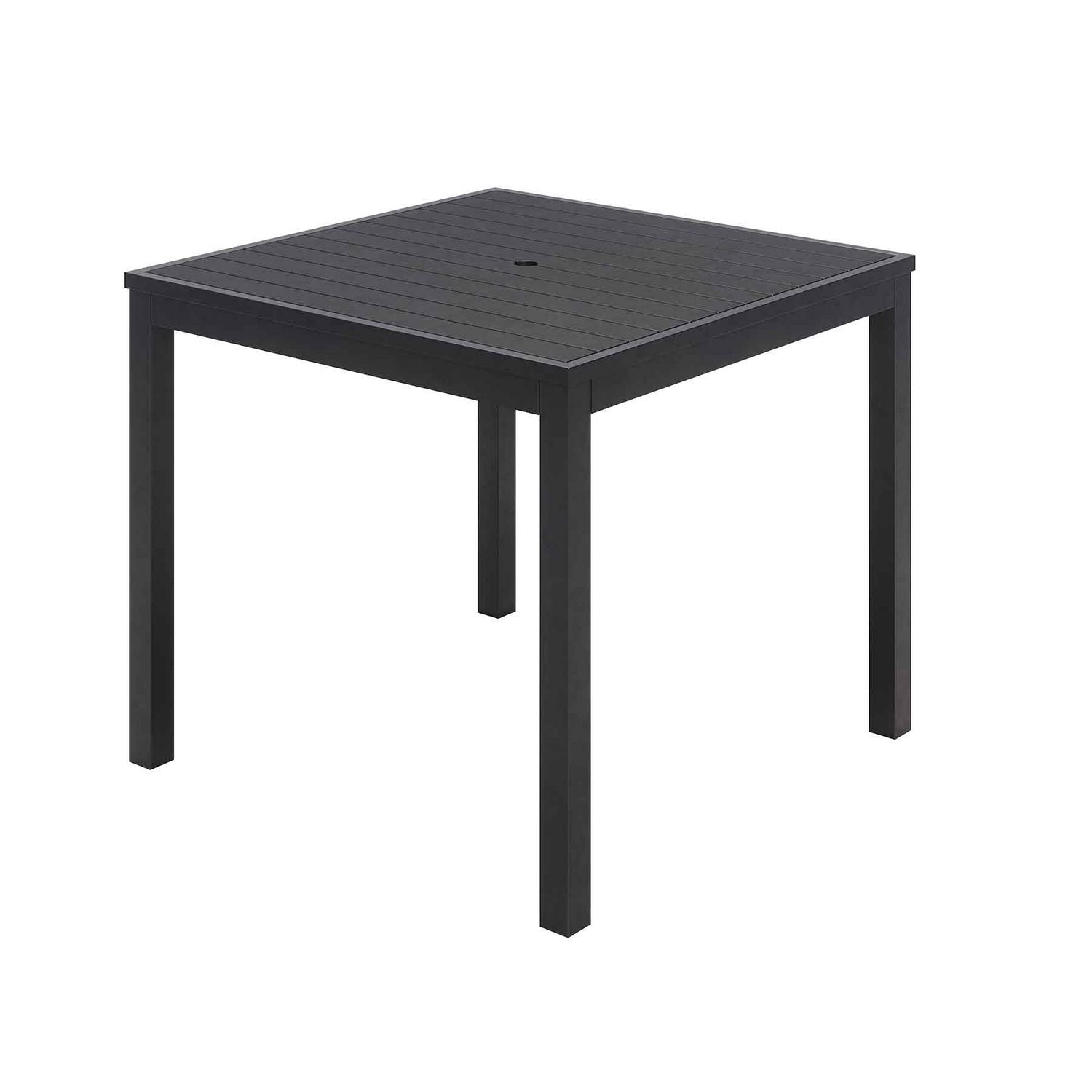 Eveleen Outdoor Patio Table with Four Black Powder-Coated Polymer Chairs, Square, 35", Black, Ships in 4-6 Business Days