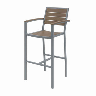 Eveleen Outdoor Bistro Patio Table w/ Four Mocha Powder-Coated Polymer Barstools, Round, 41"h, Gray, Ships in 4-6 Bus Days