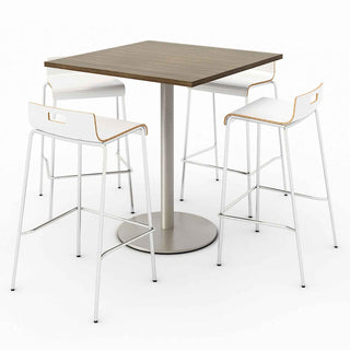 Pedestal Bistro Table with Four White Jive Series Barstools, Square, 36 x 36 x 41, Studio Teak, Ships in 4-6 Business Days