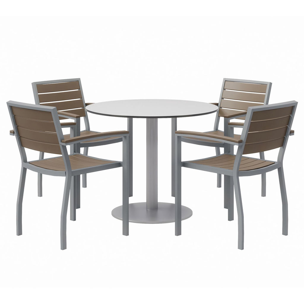 Eveleen Outdoor Patio Table, 4 Mocha Powder-Coated Polymer Chairs, Round, 36" Dia x 29h, Fashion Gray, Ships in 4-6 Bus Days