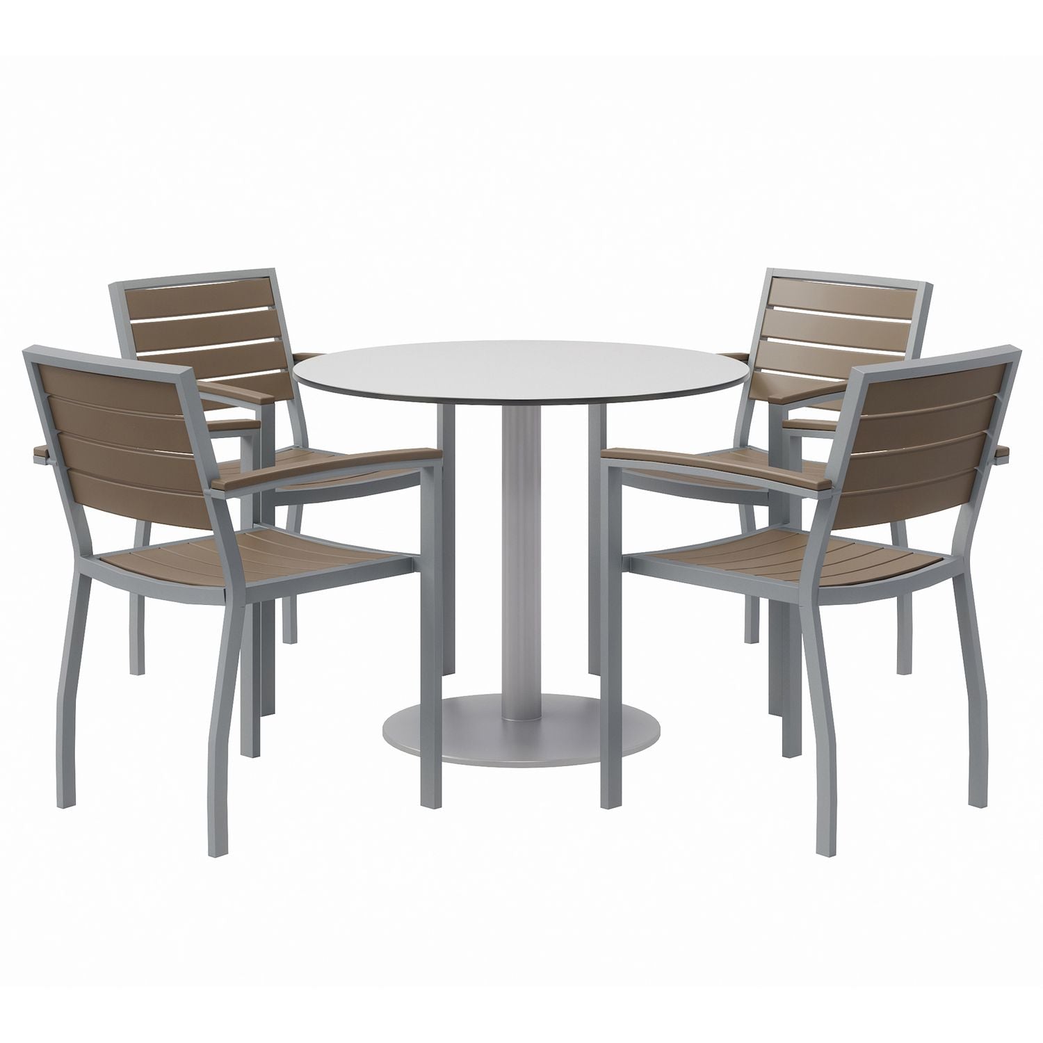 Eveleen Outdoor Patio Table, 4 Mocha Powder-Coated Polymer Chairs, Round, 36" Dia x 29h, Fashion Gray, Ships in 4-6 Bus Days