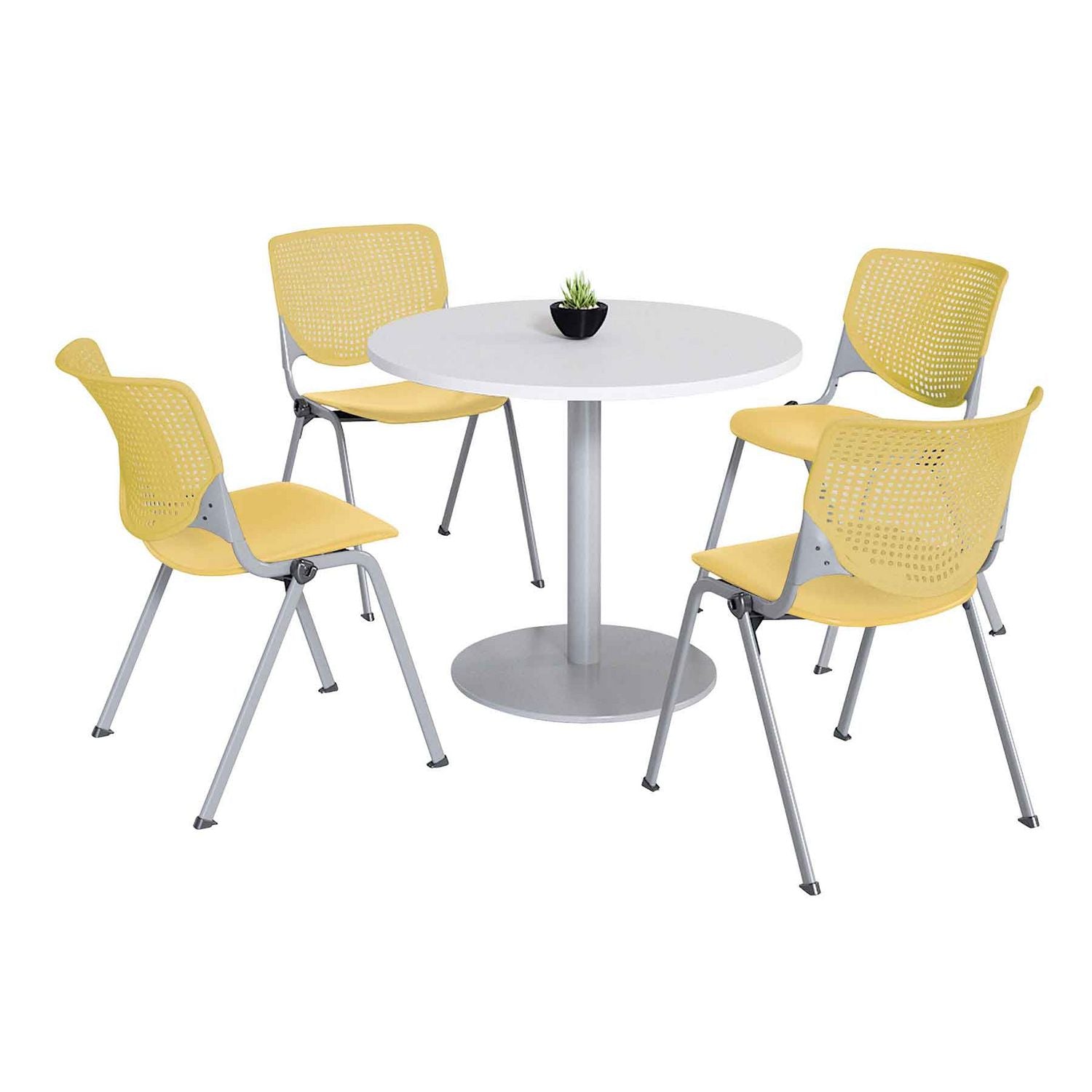 Pedestal Table with Four Yellow Kool Series Chairs, Round, 36" Dia x 29h, Designer White, Ships in 4-6 Business Days