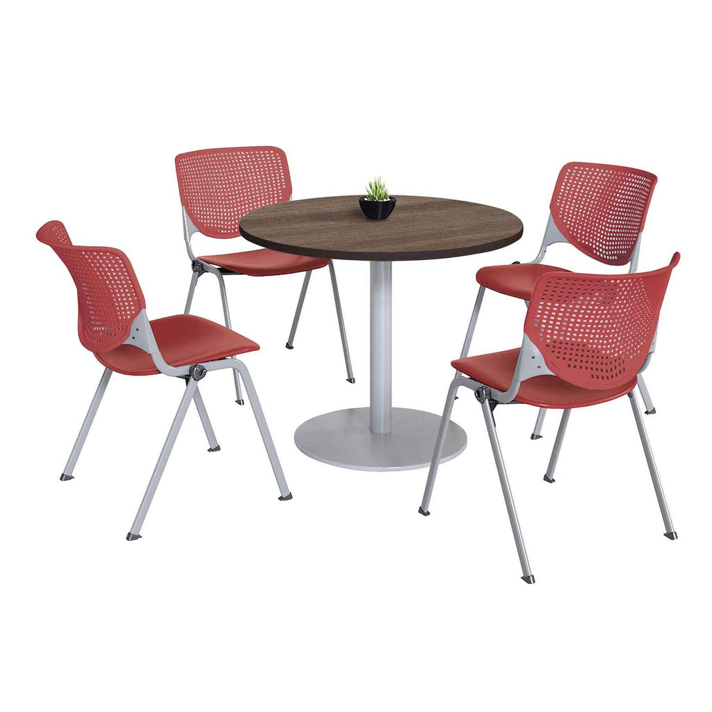 Pedestal Table with Four Coral Kool Series Chairs, Round, 36" Dia x 29h, Studio Teak, Ships in 4-6 Business Days