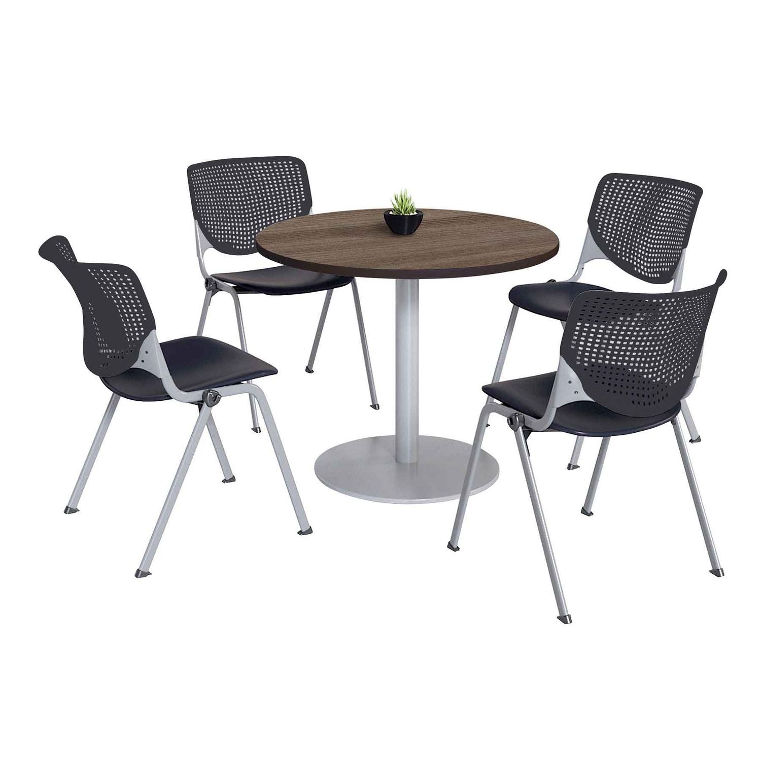 Pedestal Table with Four Black Kool Series Chairs, Round, 36" Dia x 29h, Studio Teak, Ships in 4-6 Business Days