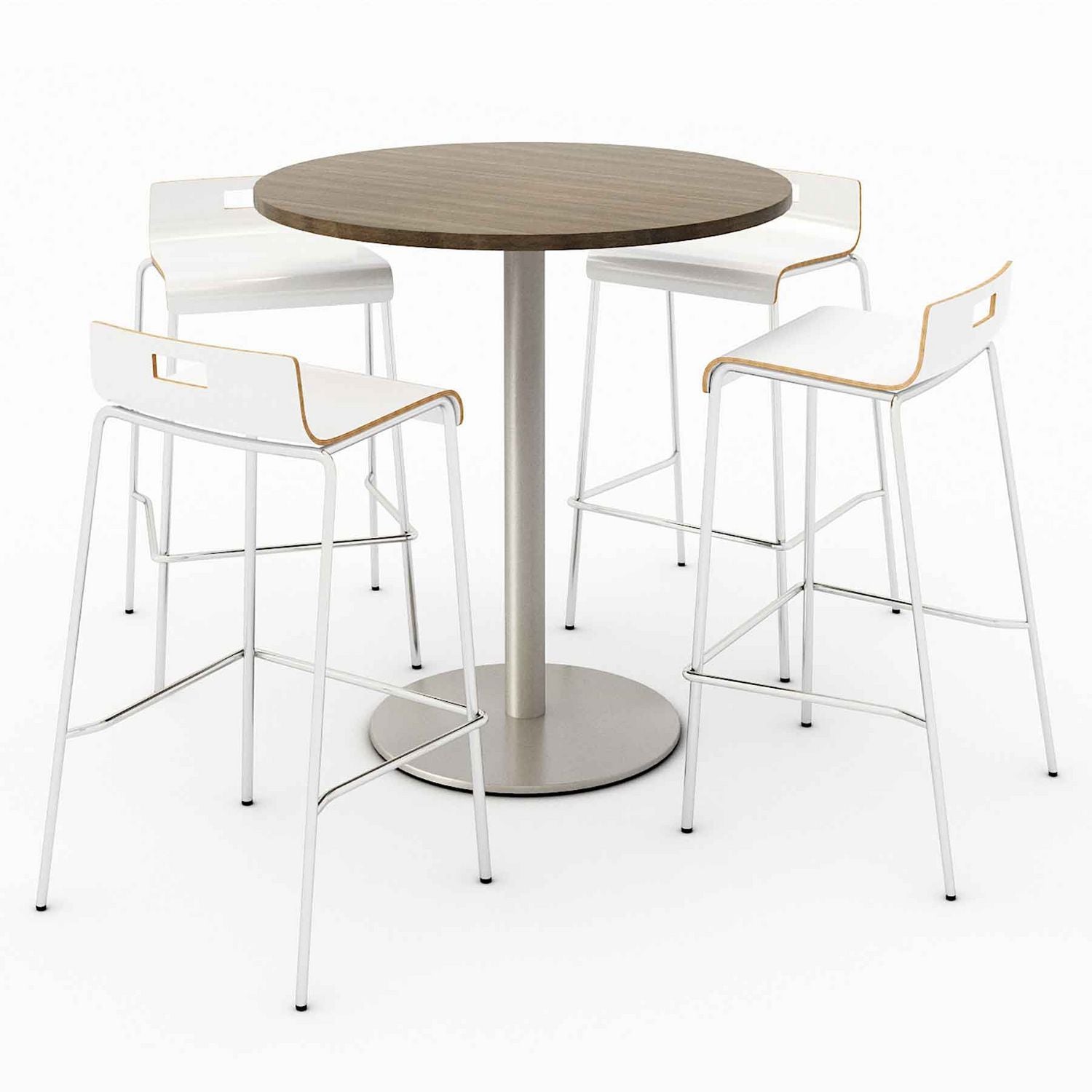 Pedestal Bistro Table with Four White Jive Series Barstools, Round, 36" Dia x 41h, Studio Teak, Ships in 4-6 Business Days
