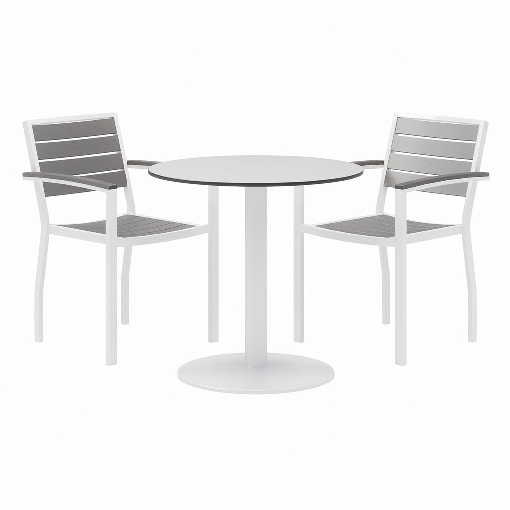 Eveleen Outdoor Patio Table with 2 Gray Powder-Coated Polymer Chairs, 30" Dia x 29h, Designer White, Ships in 4-6 Bus Days