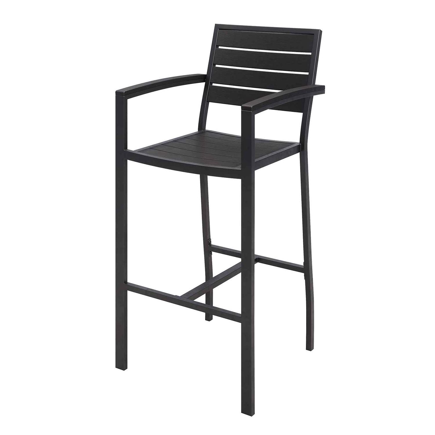 Eveleen Outdoor Bistro Patio Table with Four Black Powder-Coated Polymer Barstools, 32 x 55, Black, Ships in 4-6 Bus Days