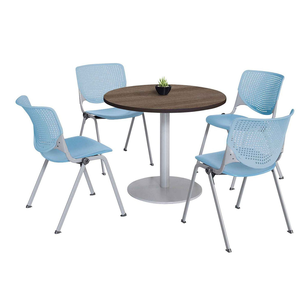 Pedestal Table with Four Sky Blue Kool Series Chairs, Round, 36" Dia x 29h, Studio Teak, Ships in 4-6 Business Days
