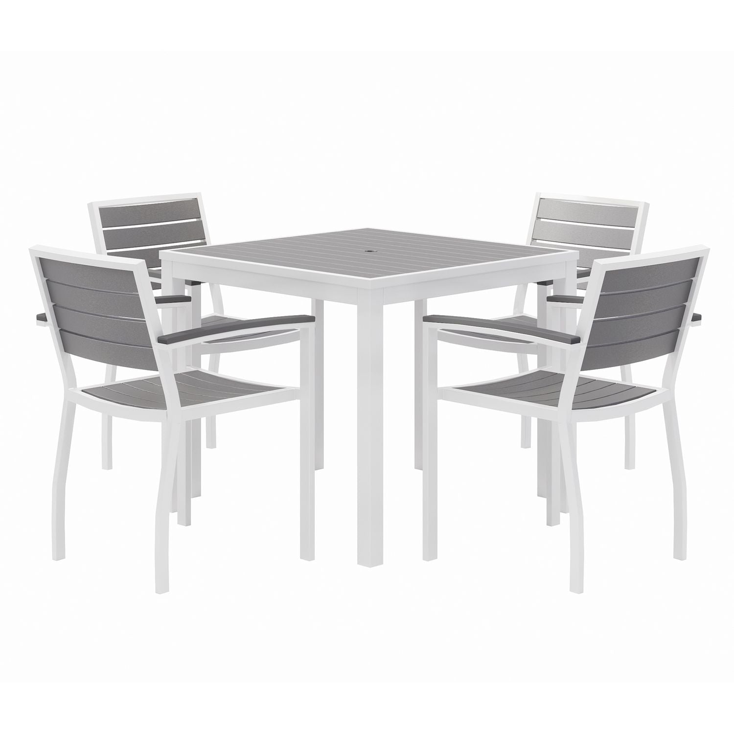 Eveleen Outdoor Patio Table with Four Gray Powder-Coated Polymer Chairs, 32" Square, Gray, Ships in 4-6 Business Days