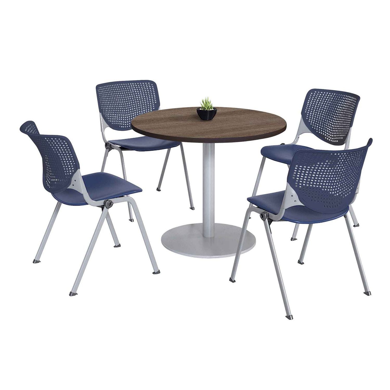 Pedestal Table with Four Navy Kool Series Chairs, Round, 36" Dia x 29h, Studio Teak, Ships in 4-6 Business Days