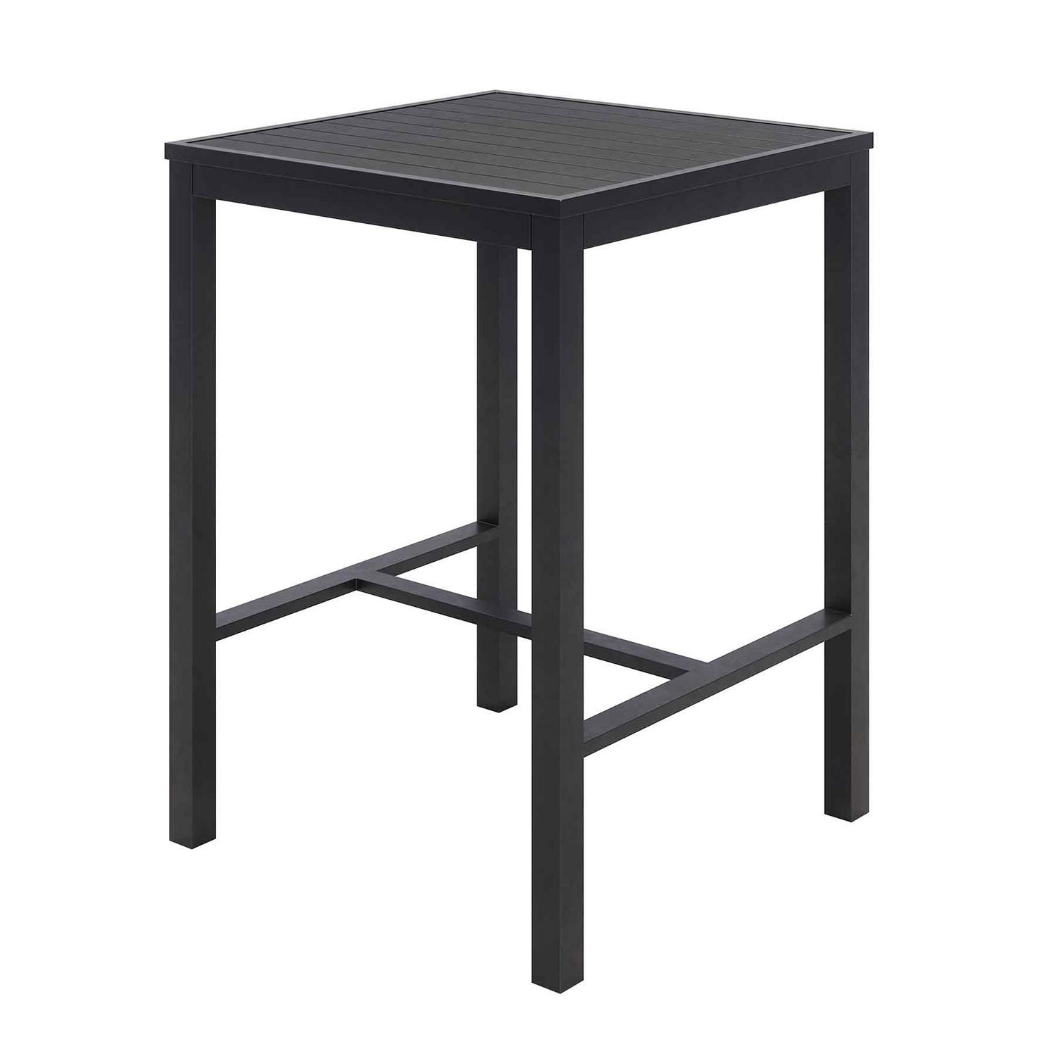 Eveleen Outdoor Bistro Patio Table with Two Black Powder-Coated Polymer Barstools, 30" Square, Black, Ships in 4-6 Bus Days