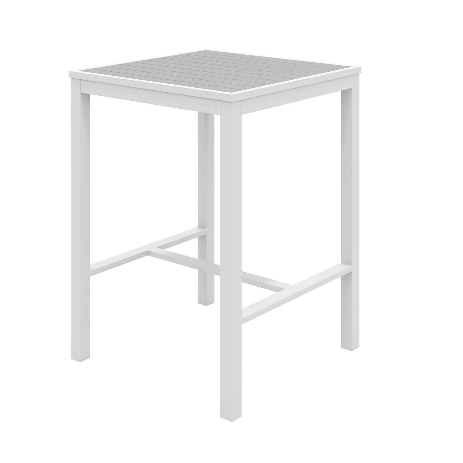 Eveleen Outdoor Bistro Patio Table with Two Gray Powder-Coated Polymer Barstools, 30" Square, Gray, Ships in 4-6 Bus Days