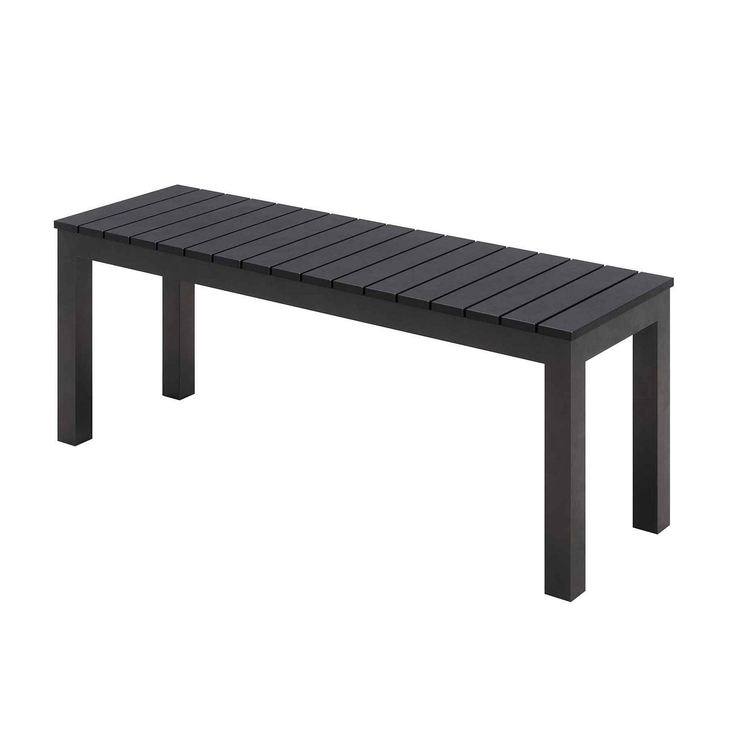 Eveleen Outdoor Patio Table w/ Two Black Powder-Coated Polymer Chairs and Two Benches, 32 x 55, Gray, Ships in 4-6 Bus Days