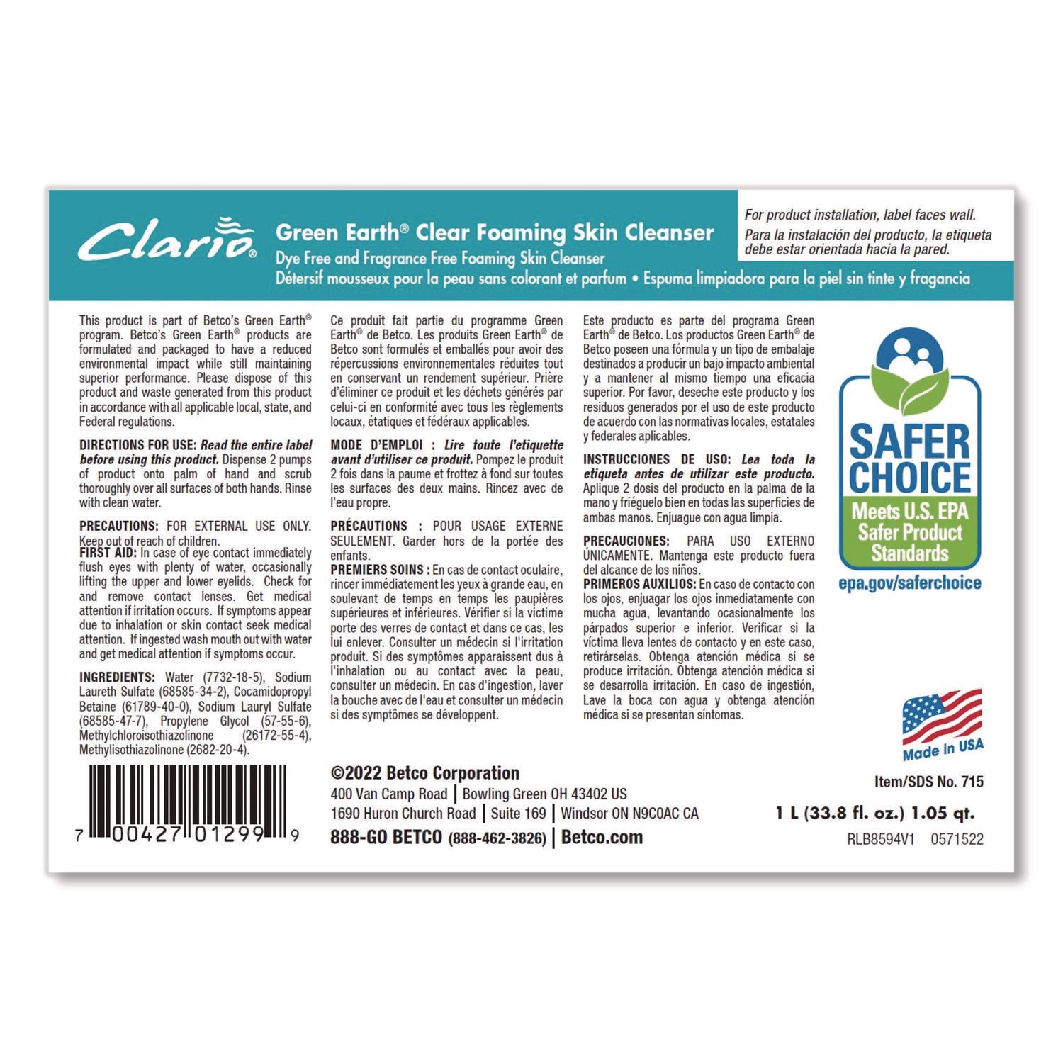 Green Earth Clear Foaming Skin Cleanser, Fragrance-Free, 1,000 mL Refill Bag, 6/Carton