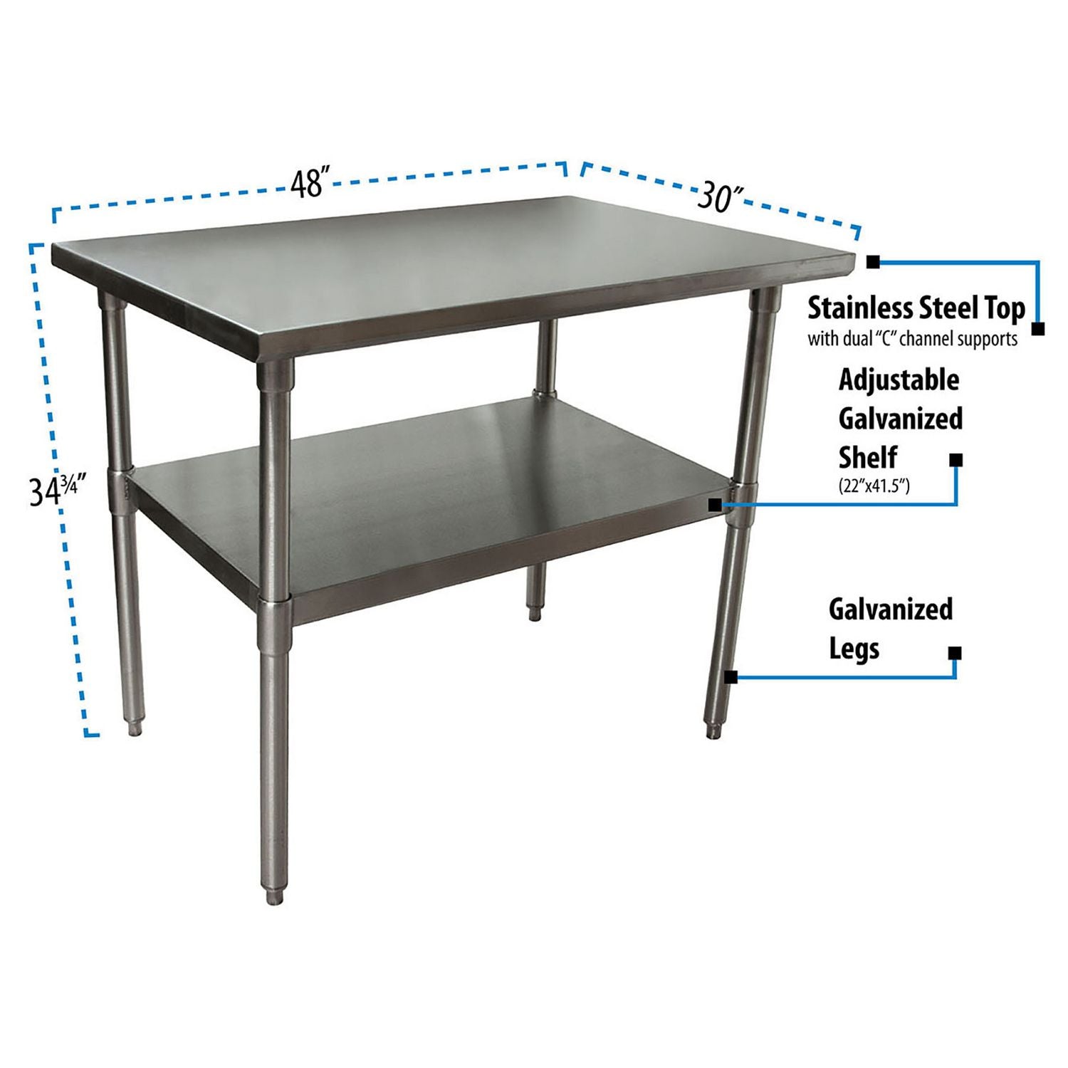 Stainless Steel Flat Top Work Tables, 48w x 30d x 36h, Silver, 2/Pallet, Ships in 4-6 Business Days