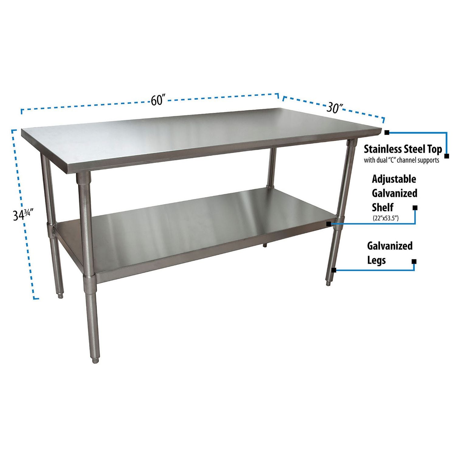 Stainless Steel Flat Top Work Tables, 60w x 30d x 36h, Silver, 2/Pallet, Ships in 4-6 Business Days