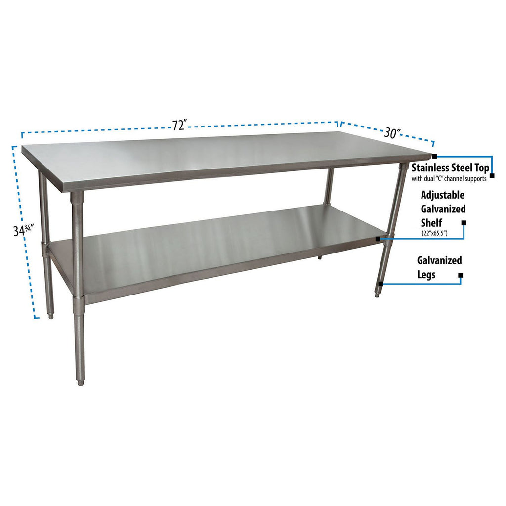 Stainless Steel Flat Top Work Tables, 72w x 30d x 36h, Silver, 2/Pallet, Ships in 4-6 Business Days