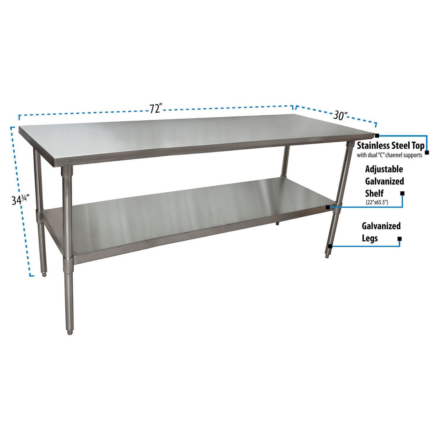 Stainless Steel Flat Top Work Tables, 72w x 30d x 36h, Silver, 2/Pallet, Ships in 4-6 Business Days