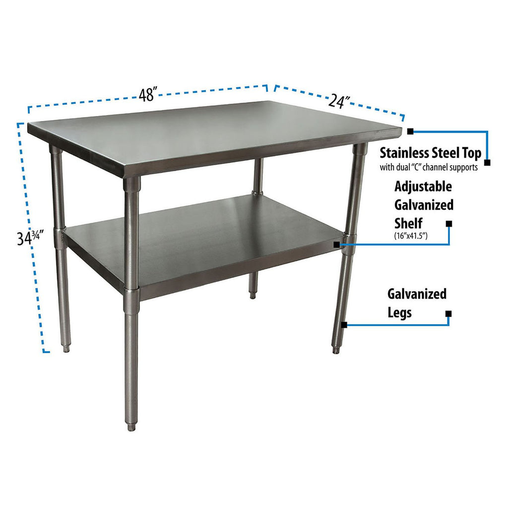 Stainless Steel Flat Top Work Tables, 48w x 24d x 36h, Silver, 2/Pallet, Ships in 4-6 Business Days