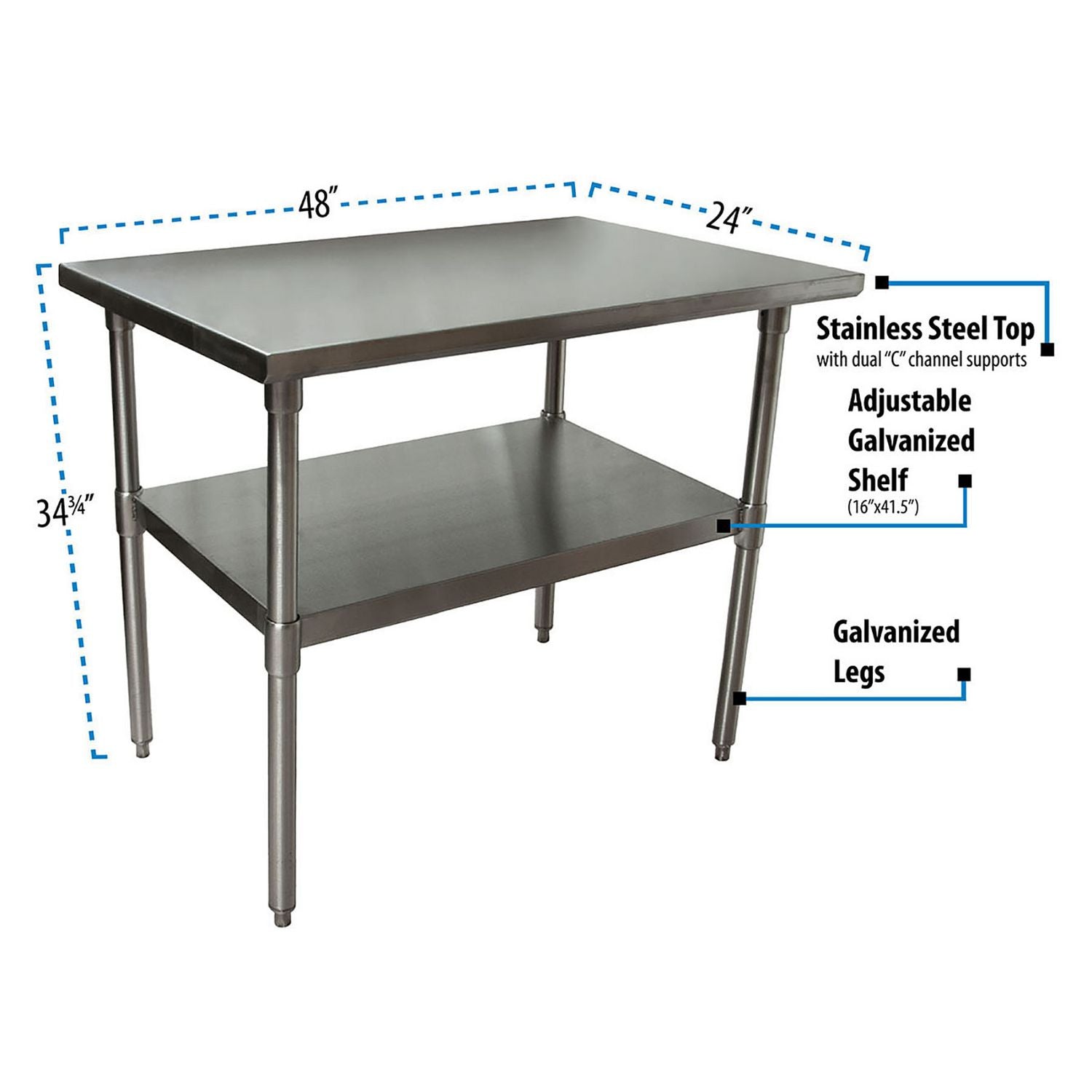 Stainless Steel Flat Top Work Tables, 48w x 24d x 36h, Silver, 2/Pallet, Ships in 4-6 Business Days - 3