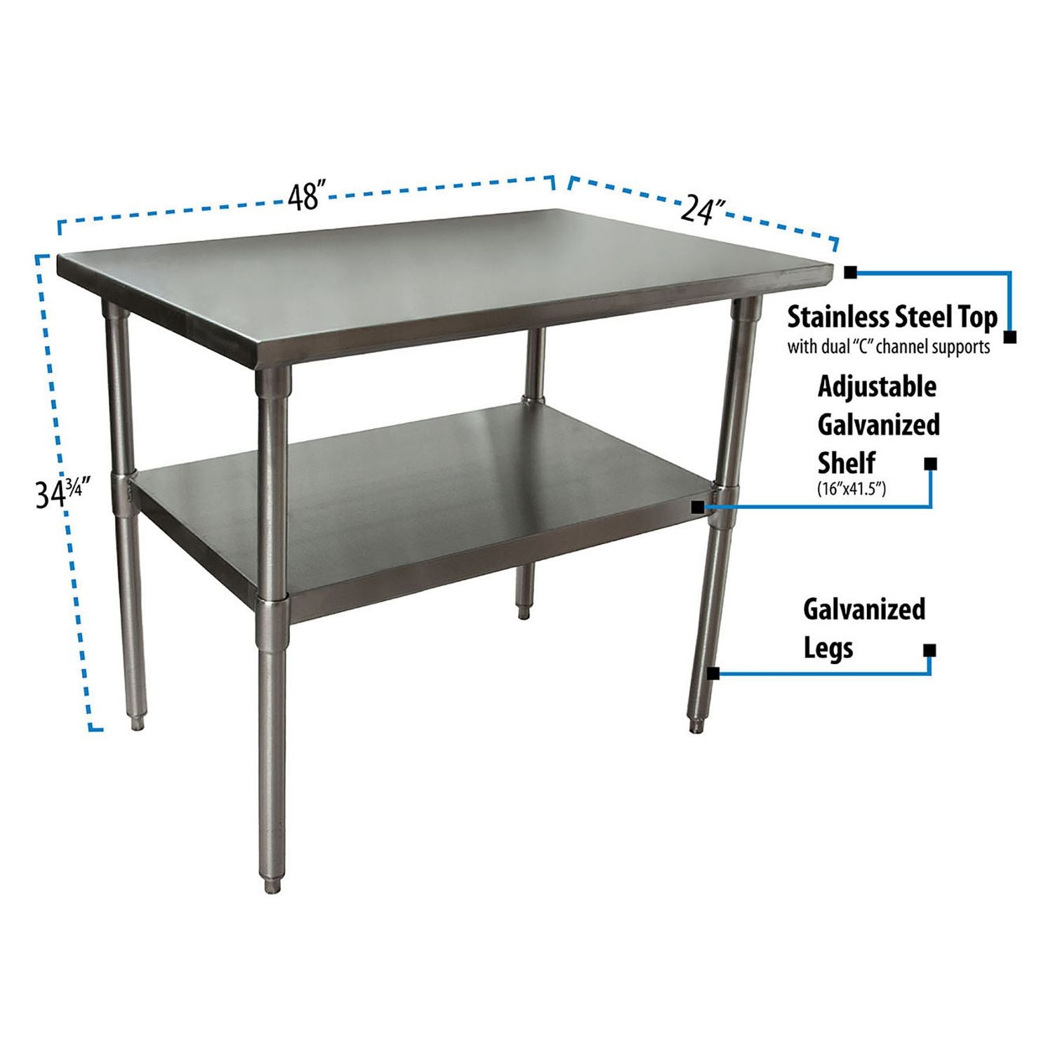 Stainless Steel Flat Top Work Tables, 48w x 24d x 36h, Silver, 2/Pallet, Ships in 4-6 Business Days