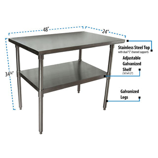 Stainless Steel Flat Top Work Tables, 48w x 24d x 36h, Silver, 2/Pallet, Ships in 4-6 Business Days