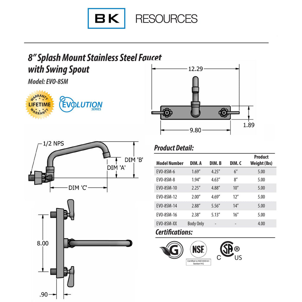 Evolution Splash Mount Stainless Steel Faucet, 4.63" Height, 8" Reach, Stainless Steel, Ships in 4-6 Business Days