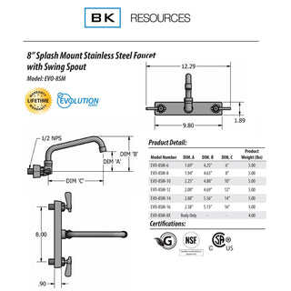 Evolution Splash Mount Stainless Steel Faucet, 4.63" Height, 8" Reach, Stainless Steel, Ships in 4-6 Business Days