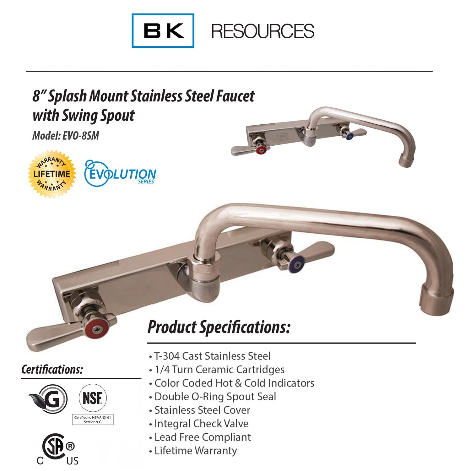 Evolution Splash Mount Stainless Steel Faucet, 4.63" Height, 8" Reach, Stainless Steel, Ships in 4-6 Business Days