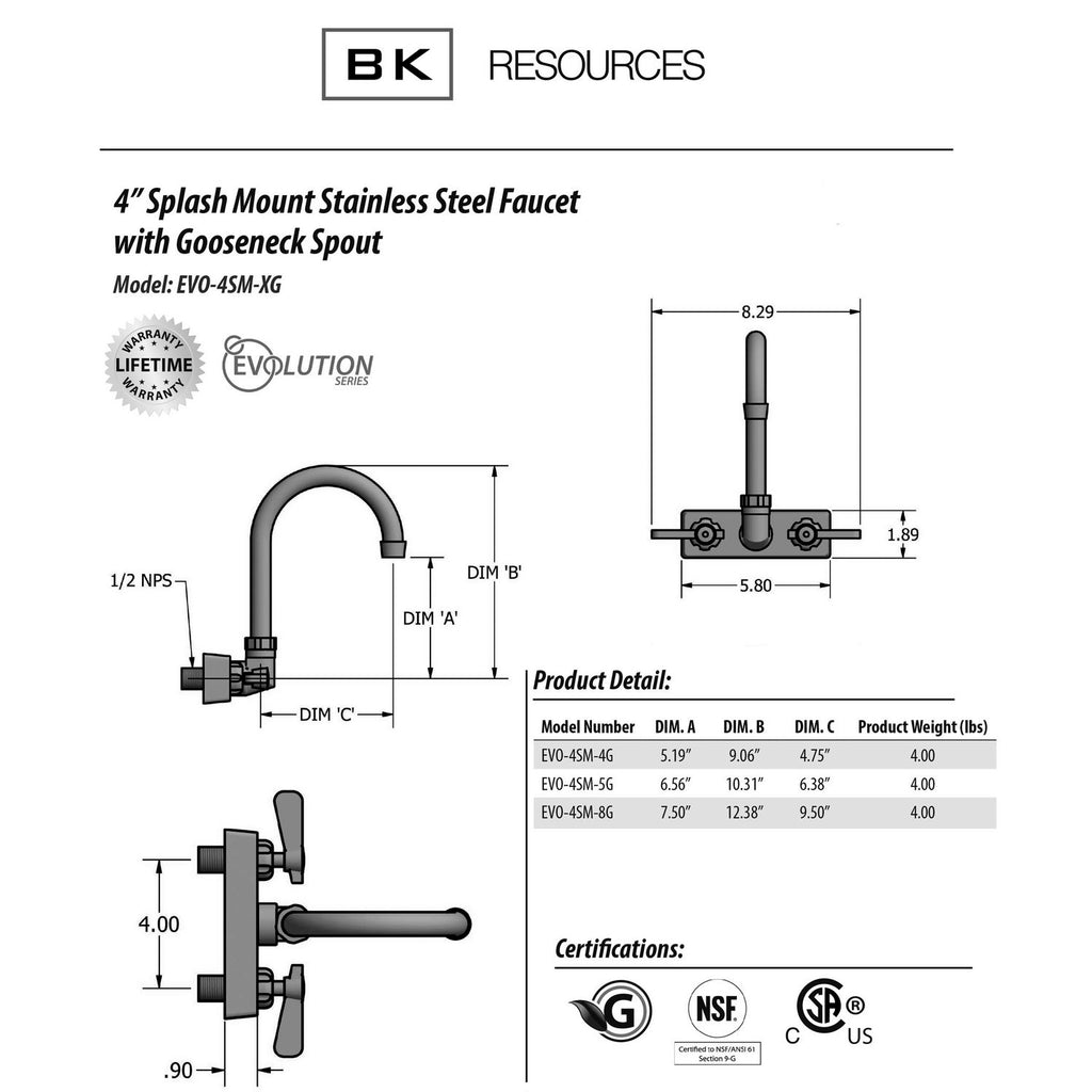 Evolution Splash Mount Stainless Steel Faucet, 12.38" Height/8" Reach, Stainless Steel, Ships in 4-6 Business Days