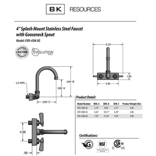 Evolution Splash Mount Stainless Steel Faucet, 12.38" Height/8" Reach, Stainless Steel, Ships in 4-6 Business Days