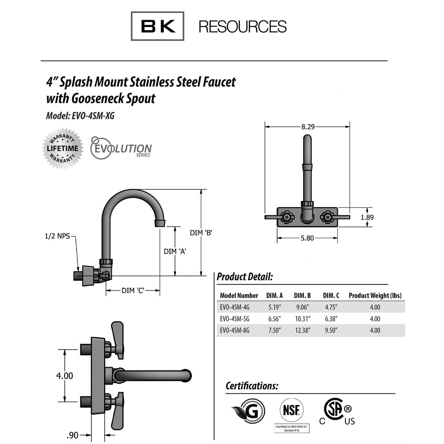 Evolution Splash Mount Stainless Steel Faucet, 12.38" Height/8" Reach, Stainless Steel, Ships in 4-6 Business Days