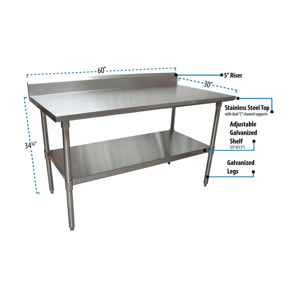 Stainless Steel 5" Riser Top Tables, 60w x 30d x 39.75h, Silver, 2/Pallet, Ships in 4-6 Business Days