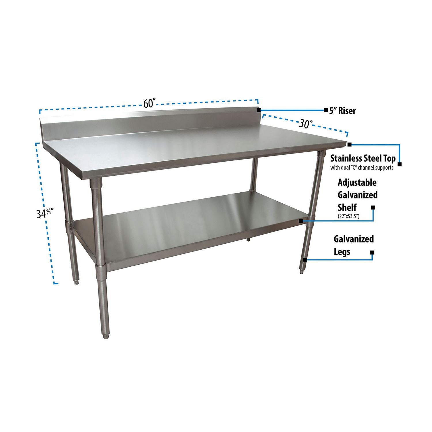 Stainless Steel 5" Riser Top Tables, 60w x 30d x 39.75h, Silver, 2/Pallet, Ships in 4-6 Business Days