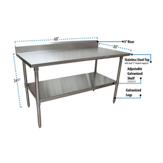 Stainless Steel 5" Riser Top Tables, 60w x 30d x 39.75h, Silver, 2/Pallet, Ships in 4-6 Business Days