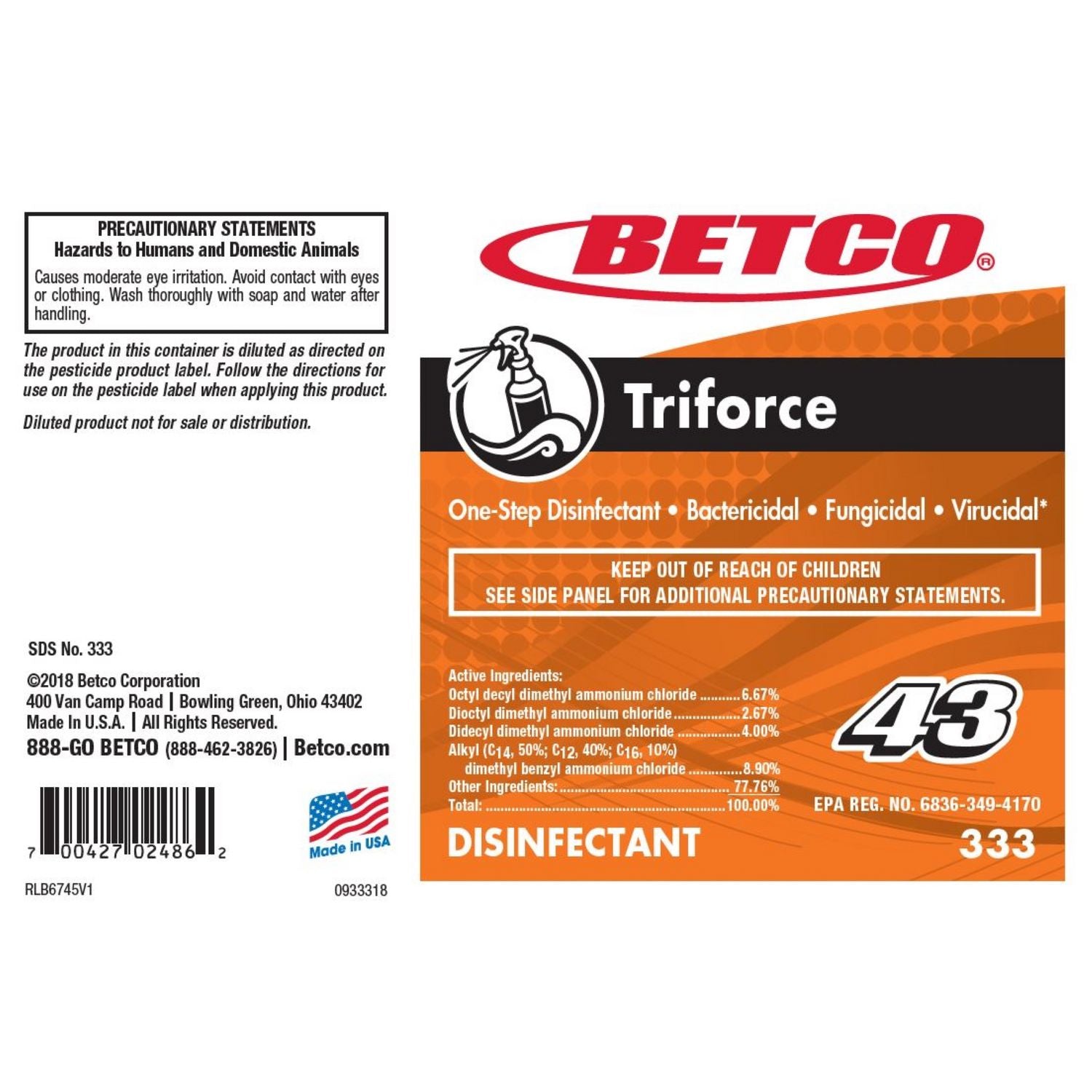 Betco Triforce Titan Disinfectant - FASTDRAW 43 - Concentrate - 67.6 fl oz (2.1 quart) - Fresh Scent - 1 Each - Disinfectant - Orange - 2