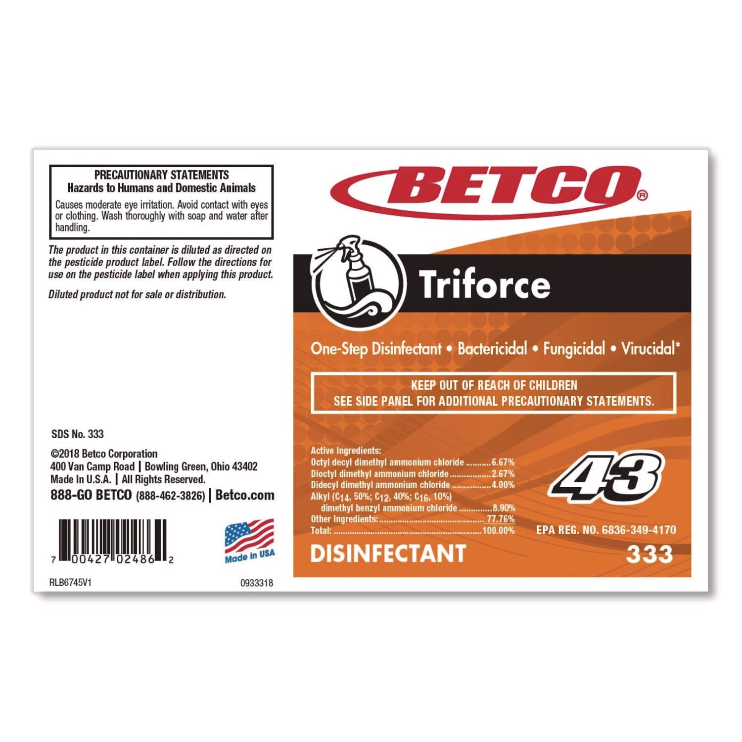 Betco Triforce Titan Disinfectant - FASTDRAW 43 - Concentrate - 67.6 fl oz (2.1 quart) - Fresh Scent - 1 Each - Disinfectant - Orange