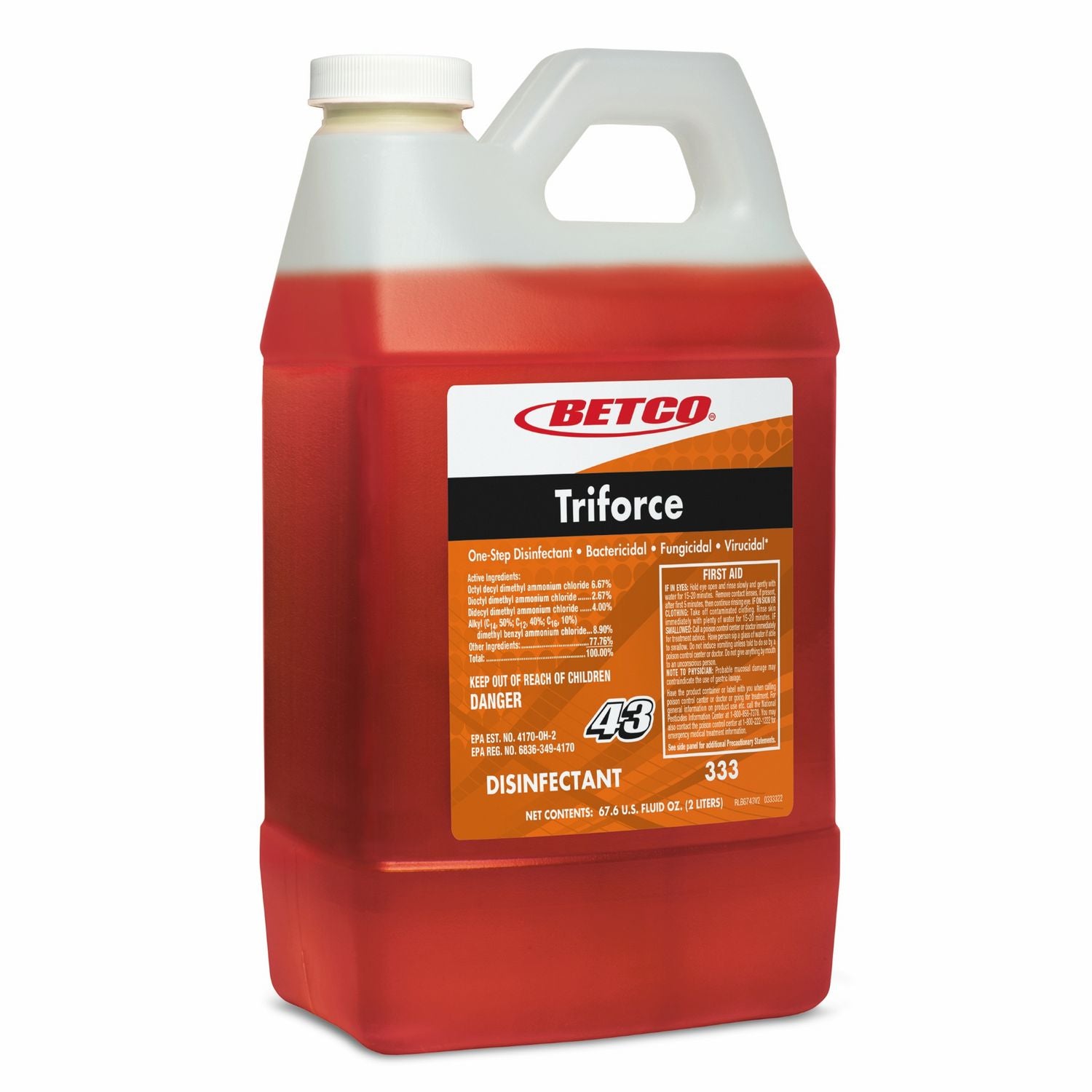 Betco Triforce Titan Disinfectant - FASTDRAW 43 - Concentrate - 67.6 fl oz (2.1 quart) - Fresh Scent - 1 Each - Disinfectant - Orange - 1