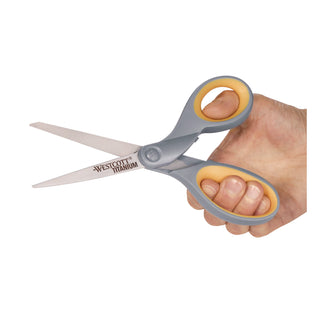 Titanium Bonded Scissors, 8" Long, 3.5" Cut Length, Gray/Yellow Straight Handle, 3/Box