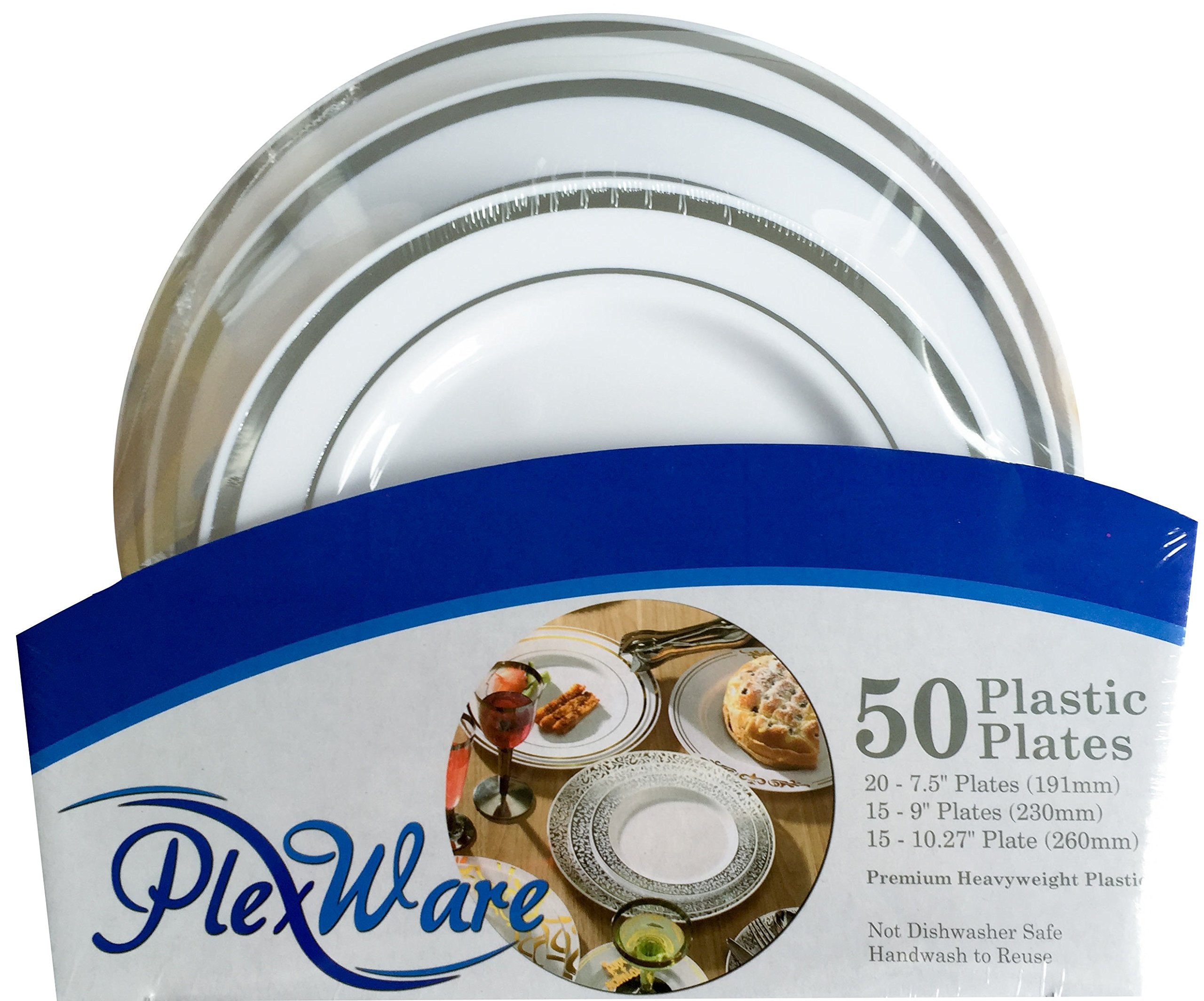 50-piece Set Round White Plates with Silver Rim, 20 Pieces 7.5", 15 Pieces 9", 15 Pieces 10.25", 4/Case