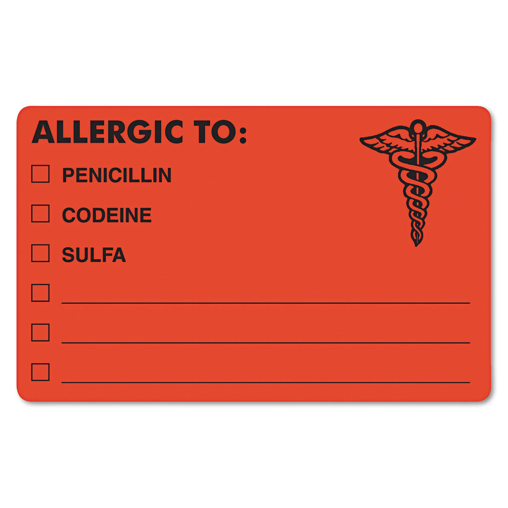 Allergy Warning Labels, ALLERGIC TO: PENICILLN, CODEINE, SULFA, 2.5 x 4, Fluorescent Red, 100/Roll - 