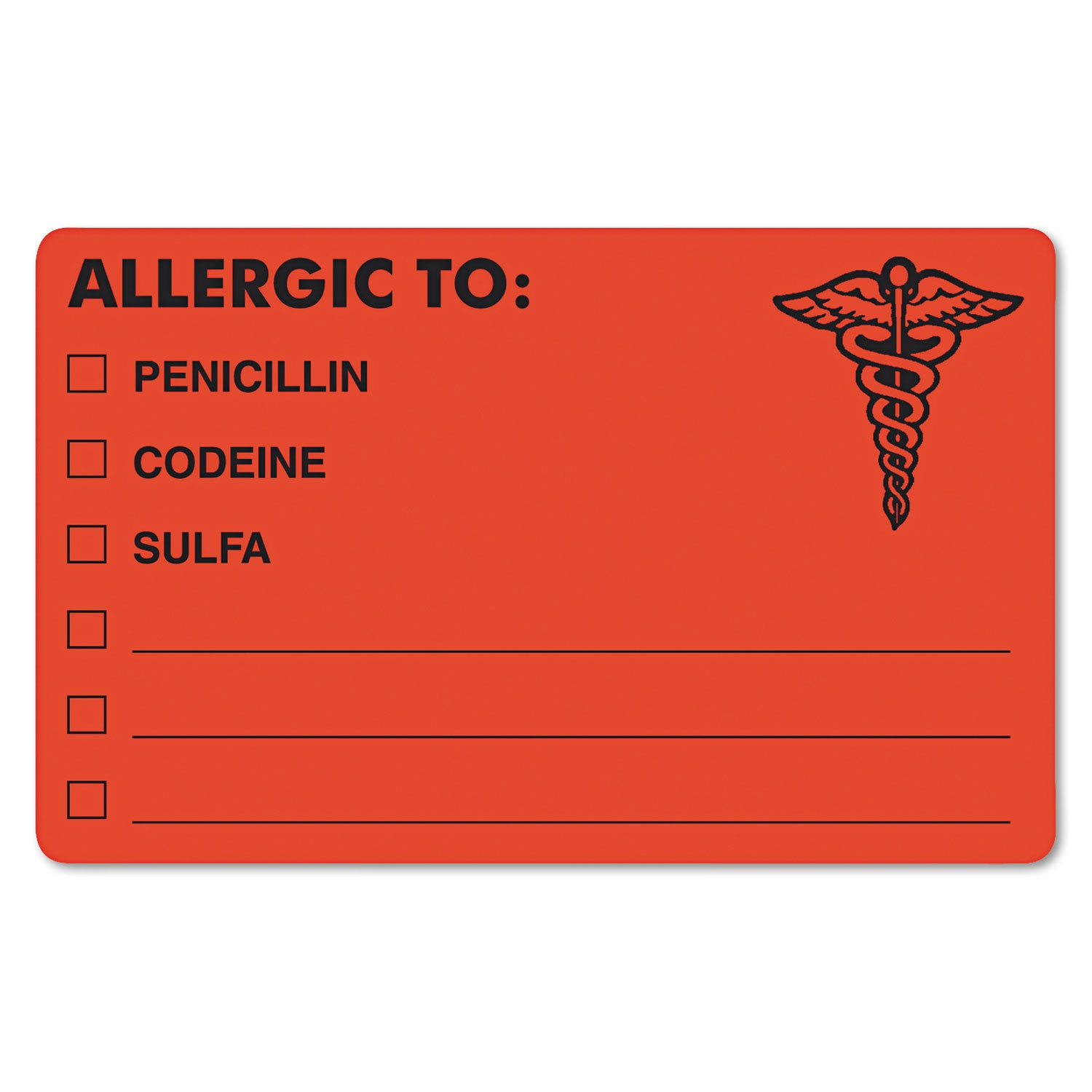 Allergy Warning Labels, ALLERGIC TO: PENICILLN, CODEINE, SULFA, 2.5 x 4, Fluorescent Red, 100/Roll - 