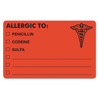 Allergy Warning Labels, ALLERGIC TO: PENICILLN, CODEINE, SULFA, 2.5 x 4, Fluorescent Red, 100/Roll - 