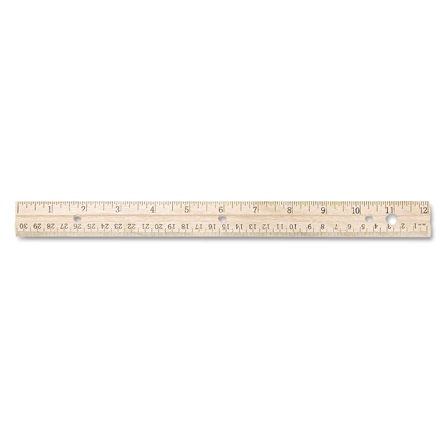 Three-Hole Punched Wood Ruler English and Metric With Metal Edge, 12" Long - 
