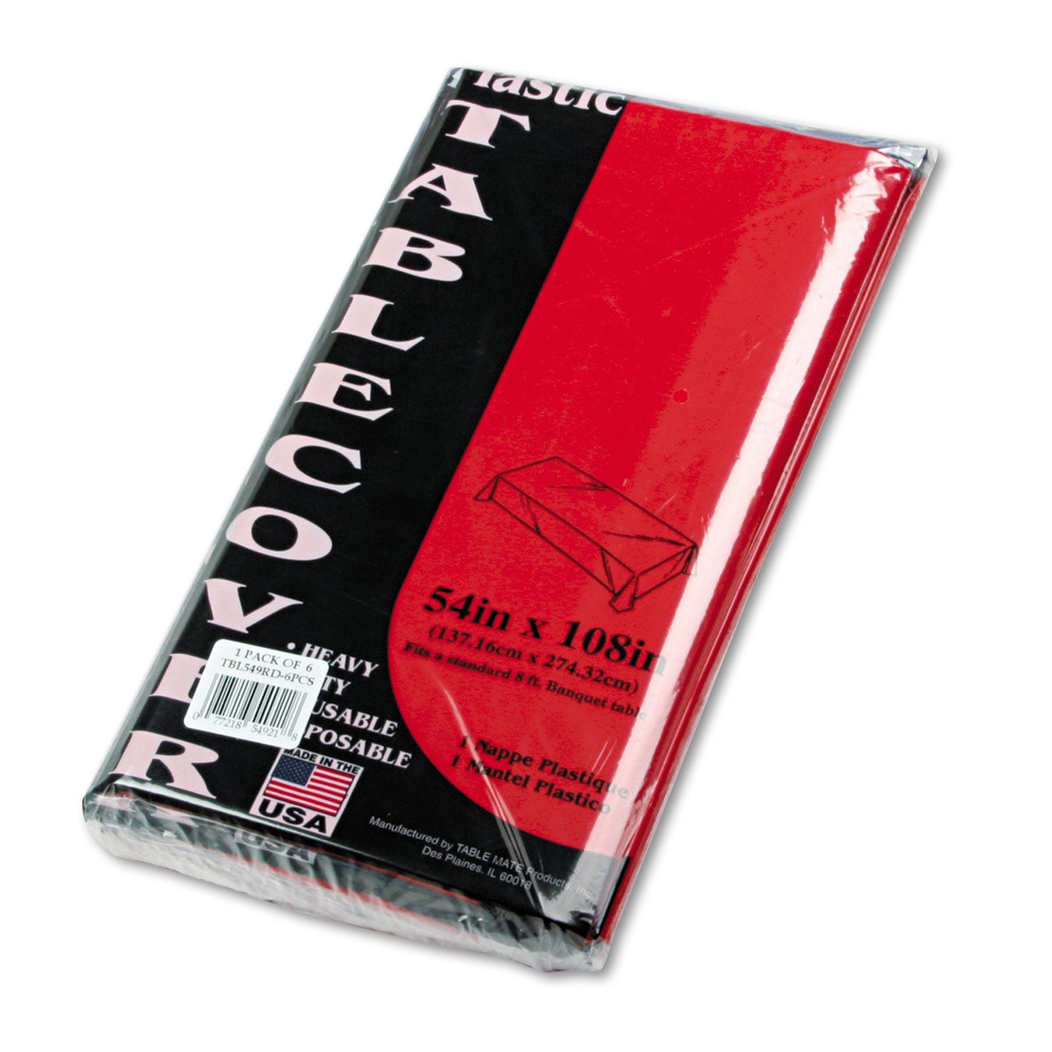Table Set Rectangular Table Cover, Heavyweight Plastic, 54" x 108", Red, 6/Pack - 